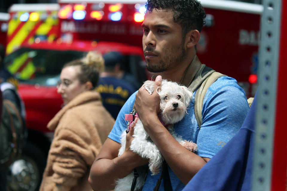 Isaiah Allen, a resident of the damaged apartments, holds onto Princess, as he watches officials respond to a scene after a crane collapsed into Elan City Lights apartments in Dallas, Sunday, June 9, 2019. Allen was in his apartment when he said he heard what he thought was the loudest thunderclap he had ever heard but quickly realized the sound came from the collapsed crane. (Shaban Athuman/The Dallas Morning News via AP)