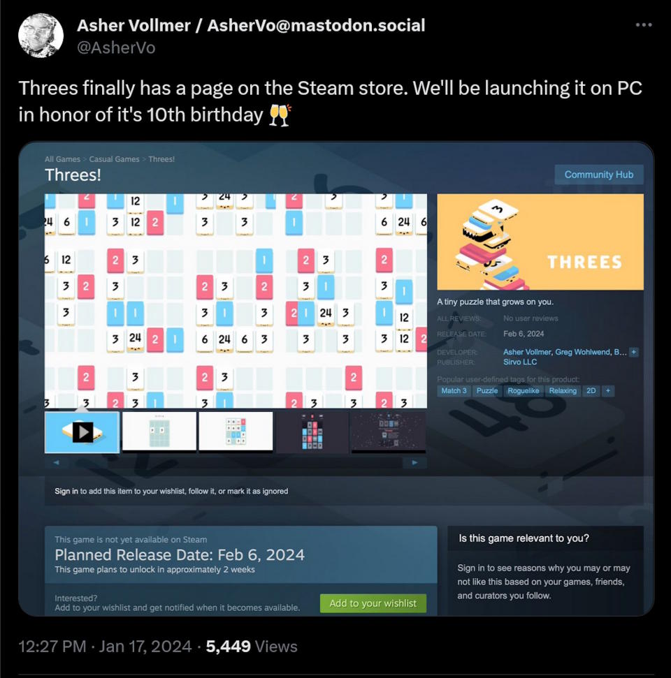 Threes finally has a page on the Steam store. We'll be launching it on PC in honor of it's 10th birthday ��
