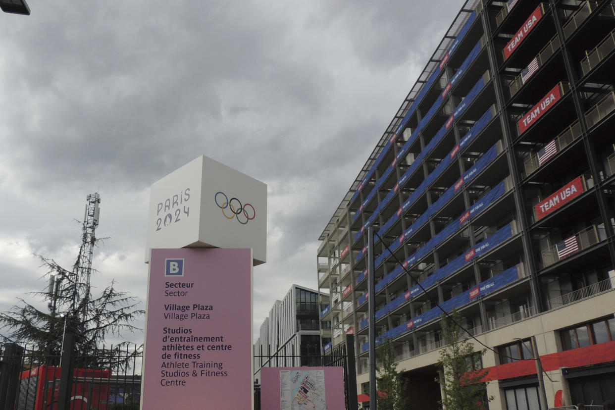 Buildings for Team USA at the Olympic Village Monday, July 15, 2024 in Saint-Denis, outside Paris. (AP Photo/Tom Nouvian)