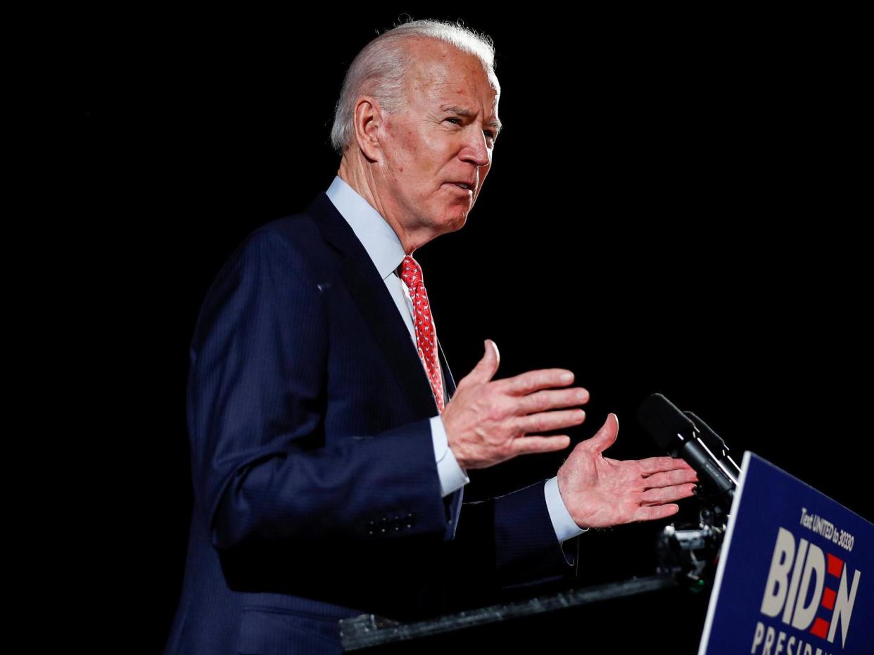 US presidential candidate Joe Biden speaks about the COVID-19 pandemic at an event in Wilmington Delaware, USA, on 12 March 2020: Carloe Barria/Reuters