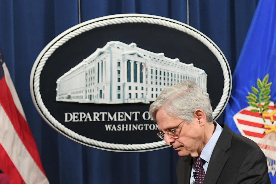 Attorney General Merrick Garland leaves the podium after making an announcement at the Department of Justice on April 26, 2021 in Washington, DC.