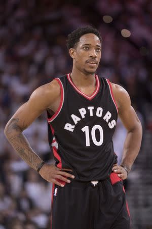 December 28, 2016; Oakland, CA, USA; Toronto Raptors guard DeMar DeRozan (10) looks on against the Golden State Warriors during the third quarter at Oracle Arena. The Warriors defeated the Raptors 121-111. Mandatory Credit: Kyle Terada-USA TODAY Sports