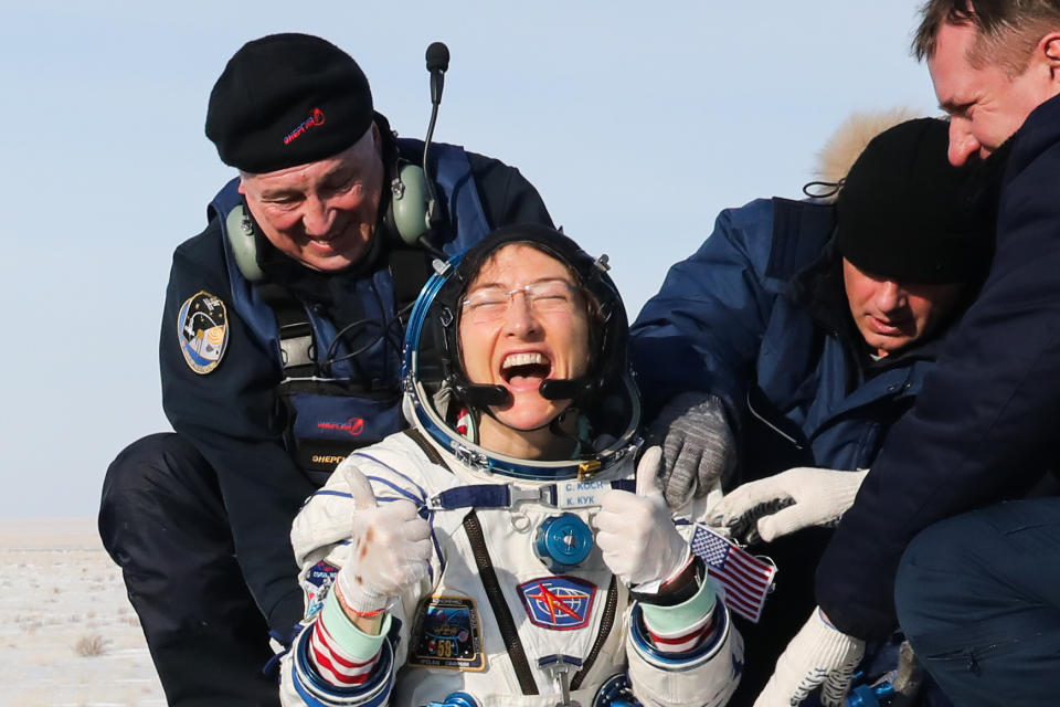 KAZAKHSTAN - FEBRUARY 6, 2020: ISS Expedition 61 crew member, US astronaut Christina Koch (NASA) after the landing of the space capsule of the Soyuz MS-13 spacecraft carrying the ISS Expedition 61 crew members in a steppe, 147 km south-west of the city of Zhezqazghan. Alexander Ryumin/TASS (Photo by Alexander Ryumin\TASS via Getty Images)