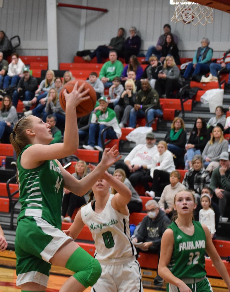 Fairland's Kylee Bruce drives in for a layup against Margaretta.