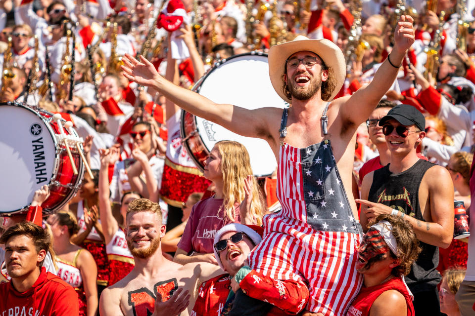 Sep 17, 2022; Lincoln, Nebraska, USA; Nebraska Cornhuskers fans cheer during a break in the third quarter against the <a class="link " href="https://sports.yahoo.com/ncaaw/teams/oklahoma/" data-i13n="sec:content-canvas;subsec:anchor_text;elm:context_link" data-ylk="slk:Oklahoma Sooners;sec:content-canvas;subsec:anchor_text;elm:context_link;itc:0">Oklahoma Sooners</a> at Memorial Stadium. Mandatory Credit: Dylan Widger-USA TODAY Sports