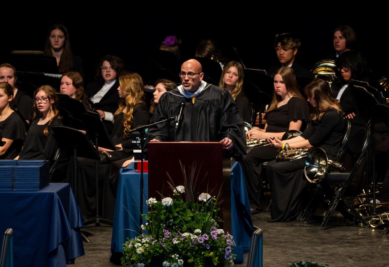 Oxford superintendent Ken Weaver speaks during the graduation ceremony for Oxford High School class of 2022 at Pine Knob Music Theater in Clarkston on Thursday, May 19, 2022. 