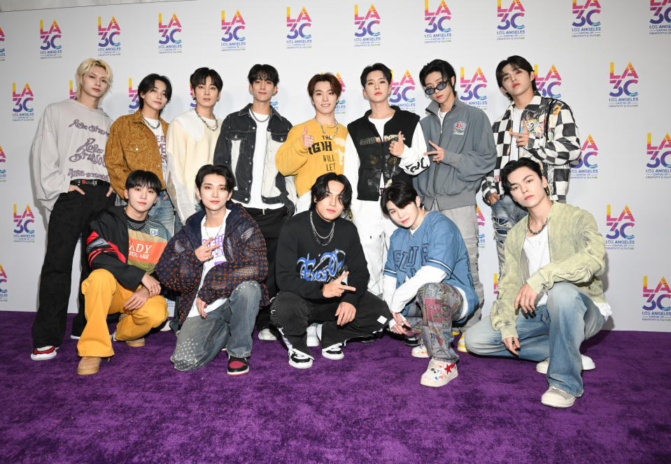 K-pop group SEVENTEEN (Back Row L-R) Jun, Jeonghan, Woonwoo, DK, Dino, Hoshi, The 8 and S.Coups (Front Row L-R) Seungkwan, Joshua, Mingyu Woozi and Vernon arrives at LA3C held at Los Angeles State Historic Park on December 10, 2022 in Los Angeles, California. (Photo by Michael Buckner/Penske Media via Getty Images)