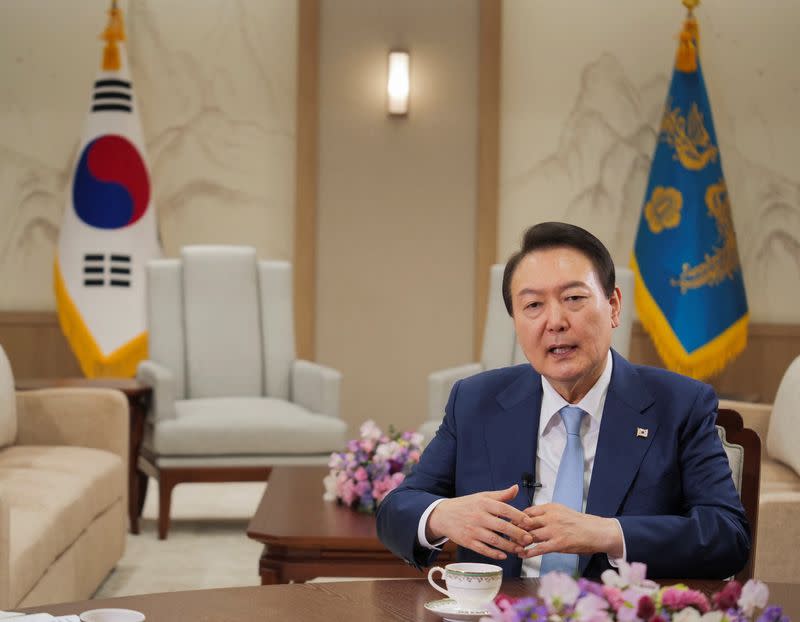 South Korean President Yoon Suk-yeol attends an interview with Reuters in Seoul