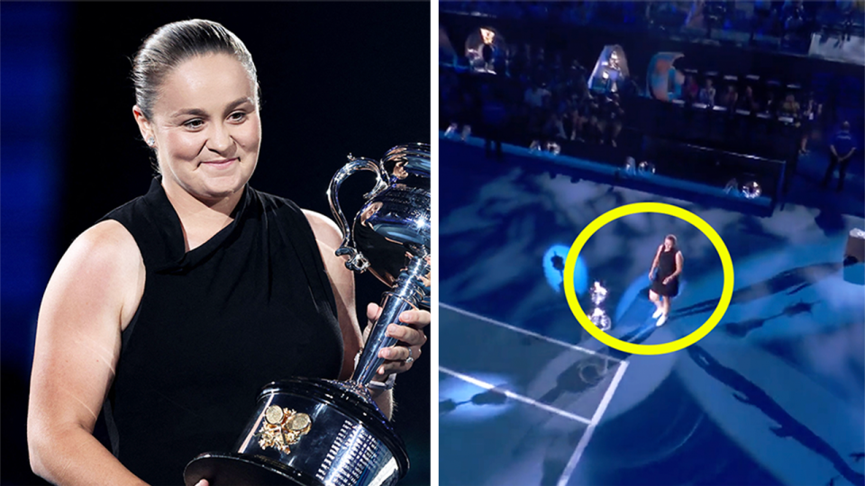 Ash Barty (pictured left) holding the Australian Open trophy and (pictured right) Barty walking on Rod Laver Arena.