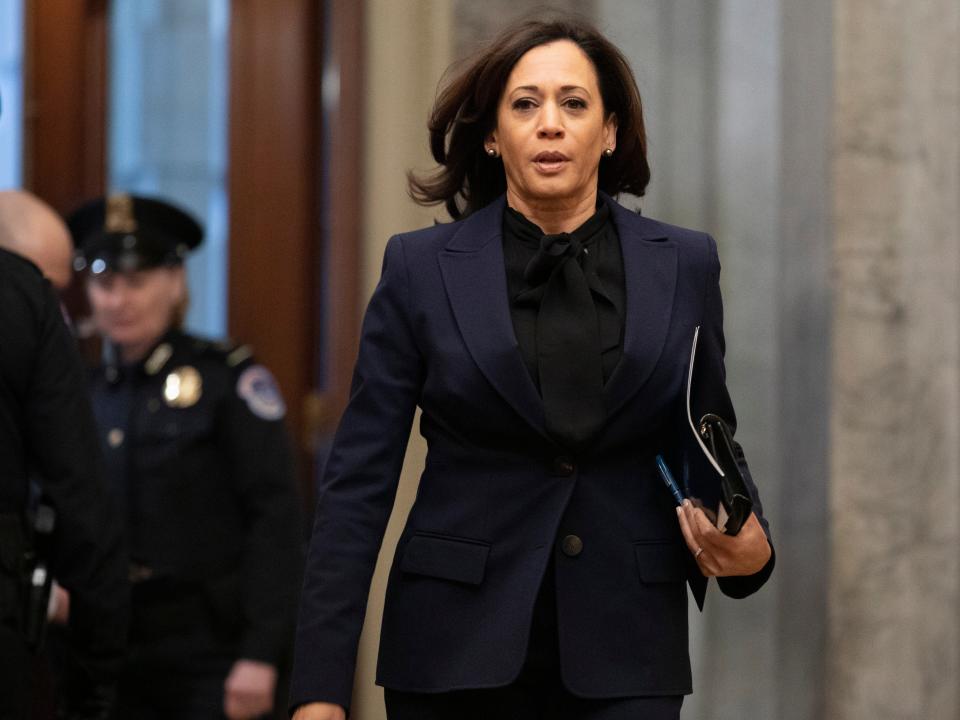 Sen. Kamala Harris, D-Calif., arrives on Capitol Hill in Washington, Friday, Jan. 31, 2020, for the impeachment trial of President Donald Trump on charges of abuse of power and obstruction of Congress. (AP Photo/ Jacquelyn Martin)