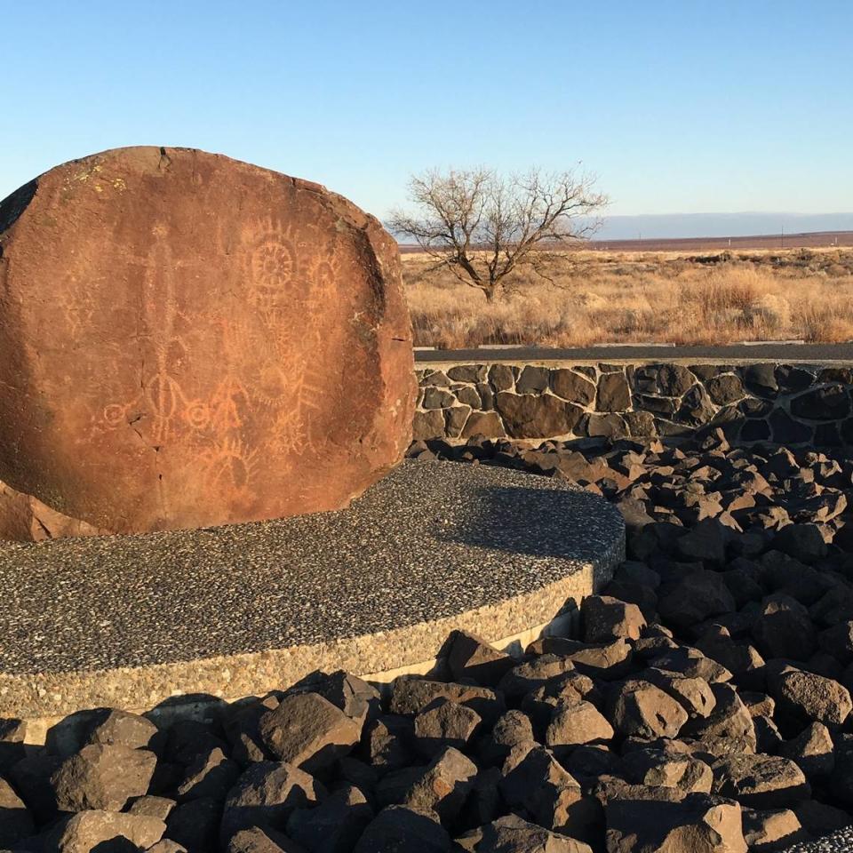 When surveying was being done before construction started on Ice Harbor Lock and Dam in 1956, a rock with petroglyphs was found along the edge of the Snake River. U.S. Army Corps of Engineers