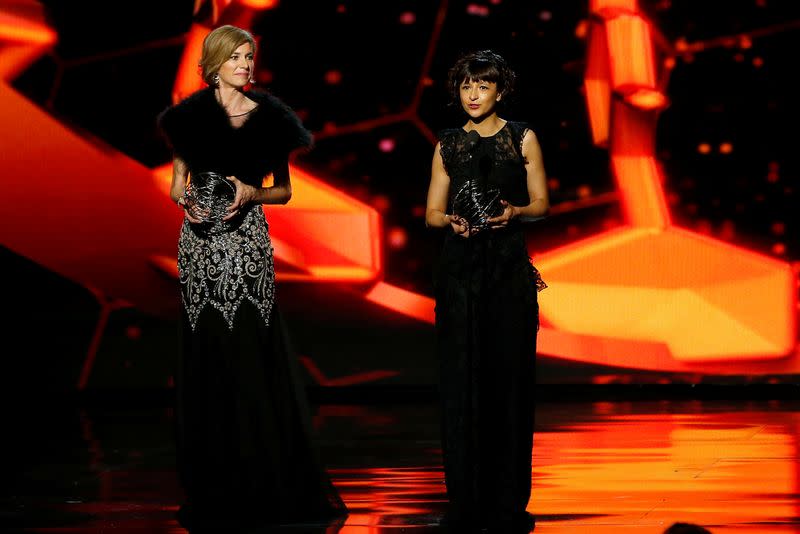 FILE PHOTO: Life Sciences co-laureates Doudna and Charpentier speak on stage during the 2nd Annual Breakthrough Prize Awards in Mountain View