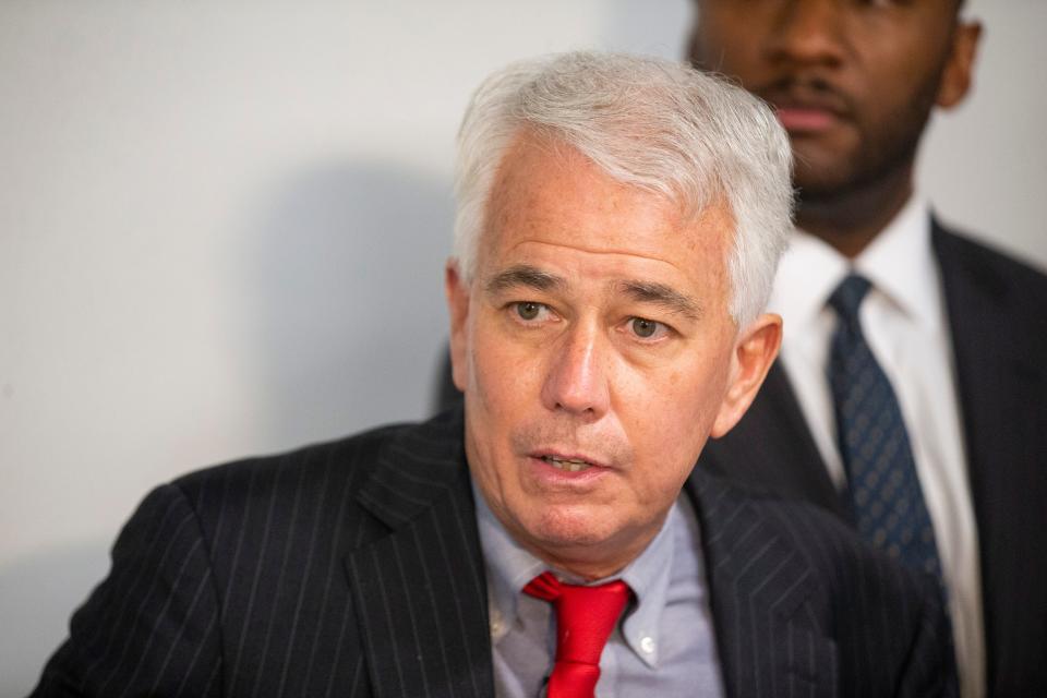 Shelby County District Attorney Steve Mulroy speaks to the media after holding a summit with other state and local officials and community organizers to talk about reducing crime in Memphis at the Urban Child Institute in Crosstown Concourse on Thursday, August 31, 2023.