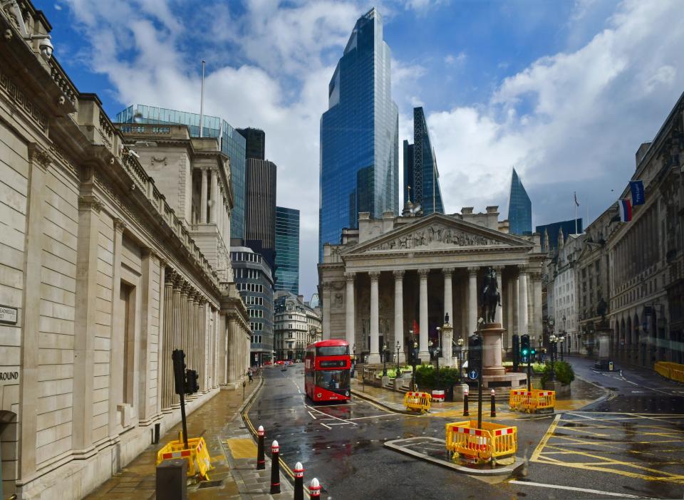 City of London financial district: the Bank of England and Royal Exchange