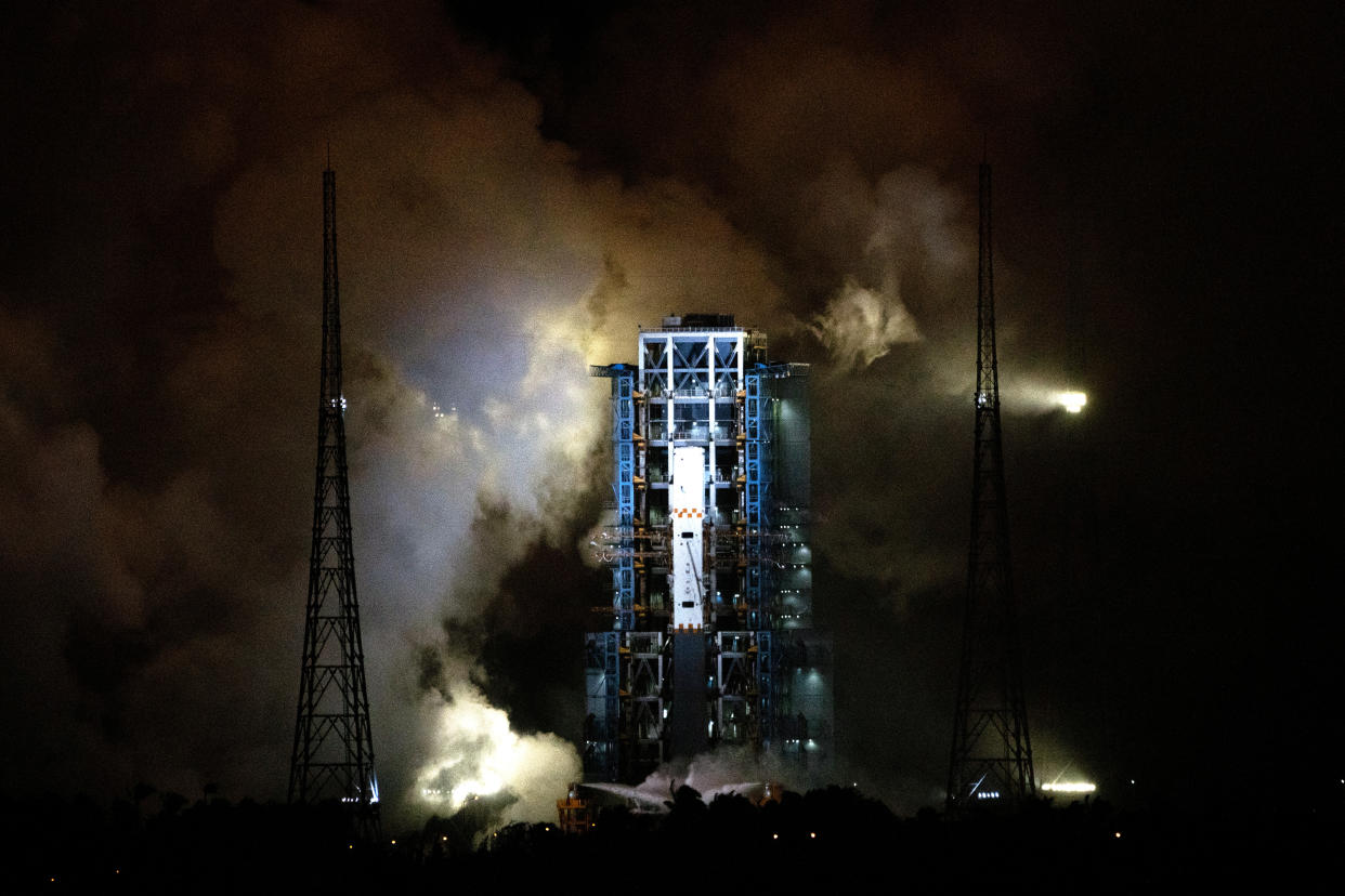 HAINAN PROVINCE, CHINA  NOVEMBER 24, 2020: The Long March 5 rocket carrying Change 5 is seen on the launch pad at the Wenchang Space Launch Site on Hainan. The 8.2-tonne Change 5 probe, which consists of a lander, an ascender, a service module and a return capsule, is the sixth mission of the Chinese lunar exploration programme Change. The goal of the mission is to collect lunar soil and rock samples from Oceanus Procellarum and bring them back to the Earth. If successful, Change 5 will be the first sample-return mission since 1976. Artyom Ivanov/TASS (Photo by Artyom Ivanov\TASS via Getty Images)