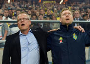 Football Soccer - Sweden vs Netherlands - 2018 World Cup Qualifier - Friends Arena, Stockholm, Sweden - 6/9/16. New Swedish coach Janne Andersson (L) and assisting coach Peter Wettergren. TT News Agency/Jonas Ekstromer/ via REUTERS