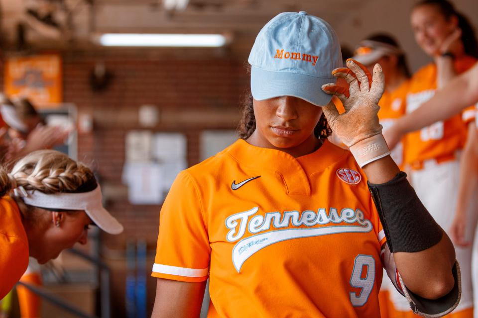 Tennessee senior centerfielder Kiki Milloy celebrates her home run against South Carolina wearing the Mommy hat at Sherri Parker Lee Stadium on May 07, 2023.