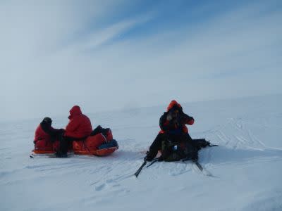 The team rests in between pushes on Day 12. Dr. Heather Ross and her team are on a journey to the South Pole.