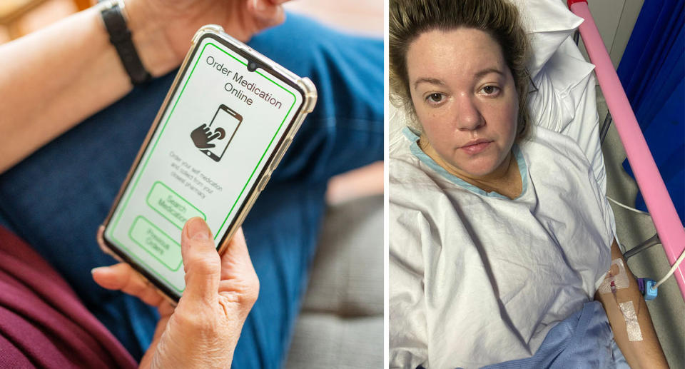 Phone screen displaying online prescription service website.Abby Smith in a hospital bed