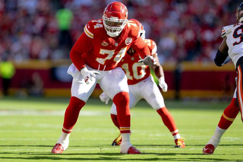 Kansas City Chiefs offensive tackle Jawaan Taylor (74) reacts to the snap during an NFL football game against the Chicago Bears at GEHA Field at Arrowhead Stadium on Sunday, Sept. 24, 2023, in Kansas City.