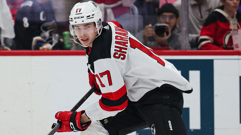 The Flames acquired Yegor Sharangovich from the Devils for Tyler Toffoli.  (Photo by Scott Taetsch/Getty Images)