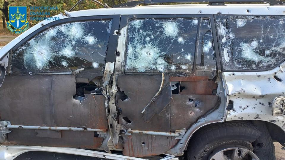 A destroyed vehicle in Kherson, Ukraine, where two people have died in Russian shelling (Kherson Oblast Prosecutor’s Office)