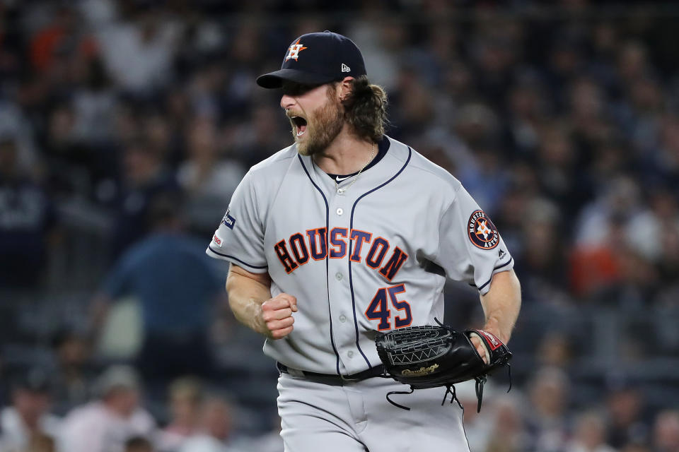 NEW YORK, NEW YORK - OCTOBER 15: Gerrit Cole #45 of the Houston Astros celebrates retiring the side during the sixth inning against the New York Yankees in game three of the American League Championship Series at Yankee Stadium on October 15, 2019 in New York City. (Photo by Elsa/Getty Images)