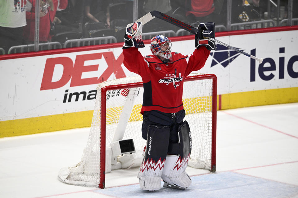 Washington Capitals goaltender Charlie Lindgren celebrates after an NHL hockey game against the Boston Bruins, Monday, April 15, 2024, in Washington. The Capitals won 2-0. (AP Photo/Nick Wass)