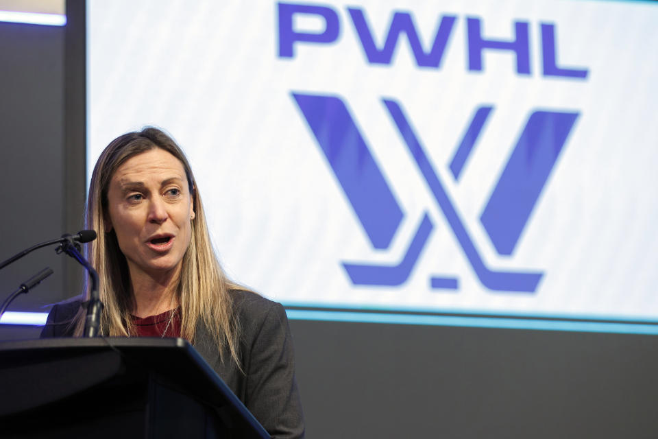 FILE - Professional Women's Hockey League senior vice president of hockey operations Jayna Hefford speaks before the PWHL Toronto team opened the Toronto Stock Exchange in Toronto, Jan. 12, 2024. Hefford and Stan Kasten, an PWHL advisory board member, spoke Friday, May 24, about the league's first season, and plans for the second. (Cole Burston/The Canadian Press via AP, File)