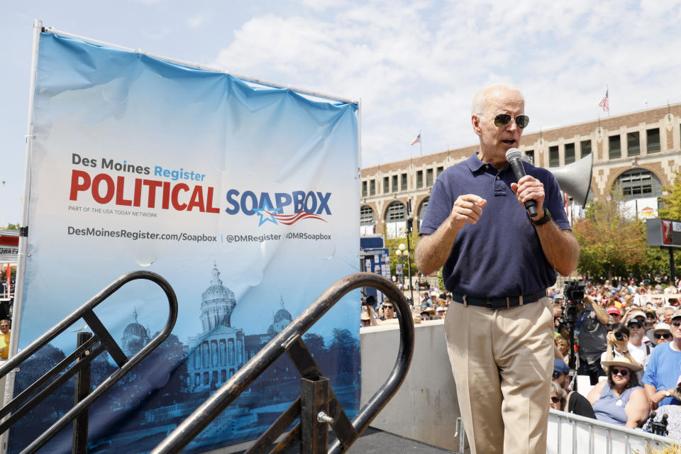 Democratic presidential candidate former Vice President Joe Biden speaks at the Des Moines Register Soapbox during a visit to the Iowa State Fair, Thursday, Aug. 8, 2019, in Des Moines, Iowa. (AP Photo/Charlie Neibergall)