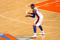 NEW YORK, NY - MAY 06: Carmelo Anthony #7 of the New York Knicks reacts after he made a 3-point shot to put thew Knicks up 87-84 in the fourth quarter in Game Four of the Eastern Conference Quarterfinals in the 2012 NBA Playoffs on May 6, 2012 at Madison Square Garden in New York City. NOTE TO USER: User expressly acknowledges and agrees that, by downloading and or using this photograph, User is consenting to the terms and conditions of the Getty Images License Agreement (Photo by Chris Chambers/Getty Images)