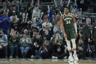 Milwaukee Bucks' Giannis Antetokounmpo reacts during the second half of an NBA basketball game against the Cleveland Cavaliers Wednesday, Jan. 24, 2024, in Milwaukee. The Bucks won 126-116. (AP Photo/Morry Gash)