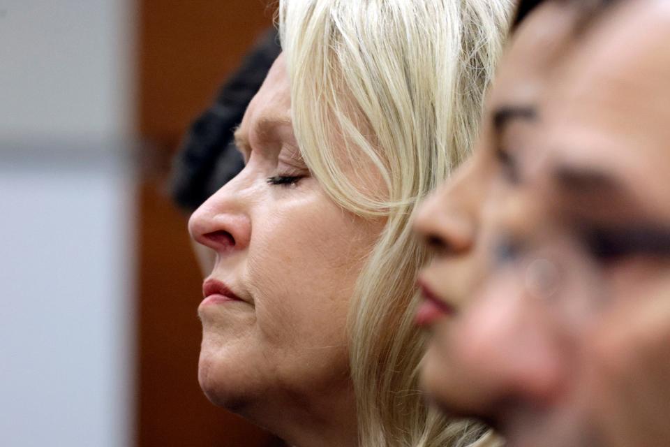 Gena Hoyer reacts as she awaits the verdict in the trial of Marjory Stoneman Douglas High School shooter Nikolas Cruz at the Broward County Courthouse in Fort Lauderdale on Oct. 13, 2022. Hoyer's son, Luke, was killed in the 2018 shootings.