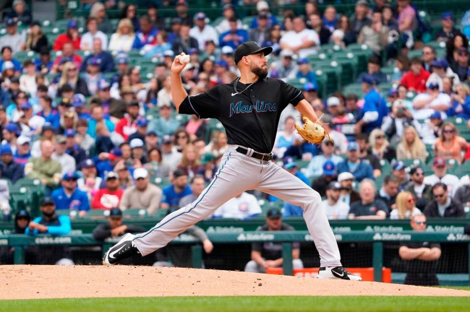 Miami Marlins starting pitcher Matt Barnes (32) throws the ball against the Chicago Cubs during the first inning at Wrigley Field on Saturday, May 6, 2023.