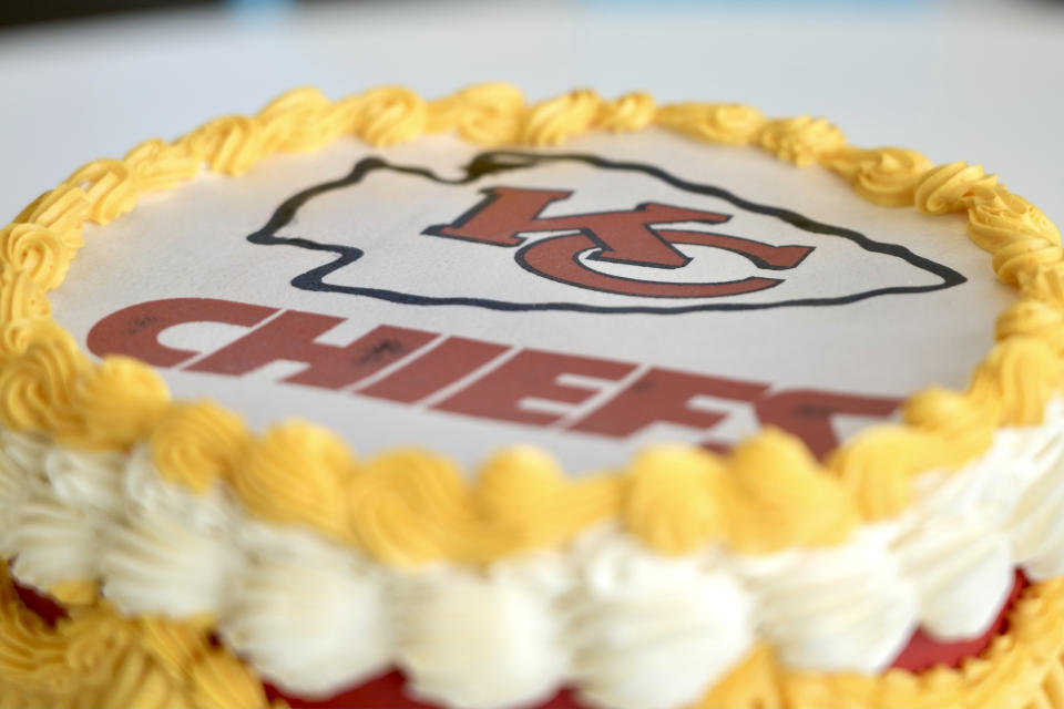 A Kansas City Chiefs-themed "burn away cake" is displayed in Coon Rapids, Minn., Monday, Feb. 5, 2024. Maddie Schmitz, owner of Something Sweet by Maddie Lu, created the Taylor Swift/Travis Kelce cakes just in time for NFL football's upcoming Super Bowl. (AP Photo/Mark Vancleave)