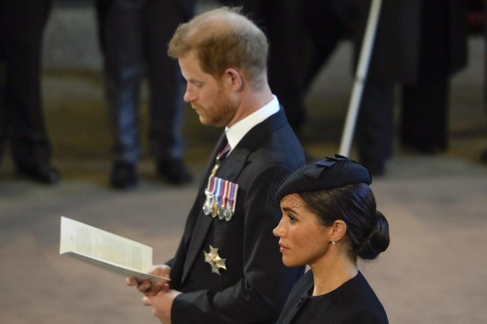 The Duke and Duchess of Sussex during the service at Westminster Hall to receive the Queen’s coffin (Gregorio Borgia/PA) (PA Wire)