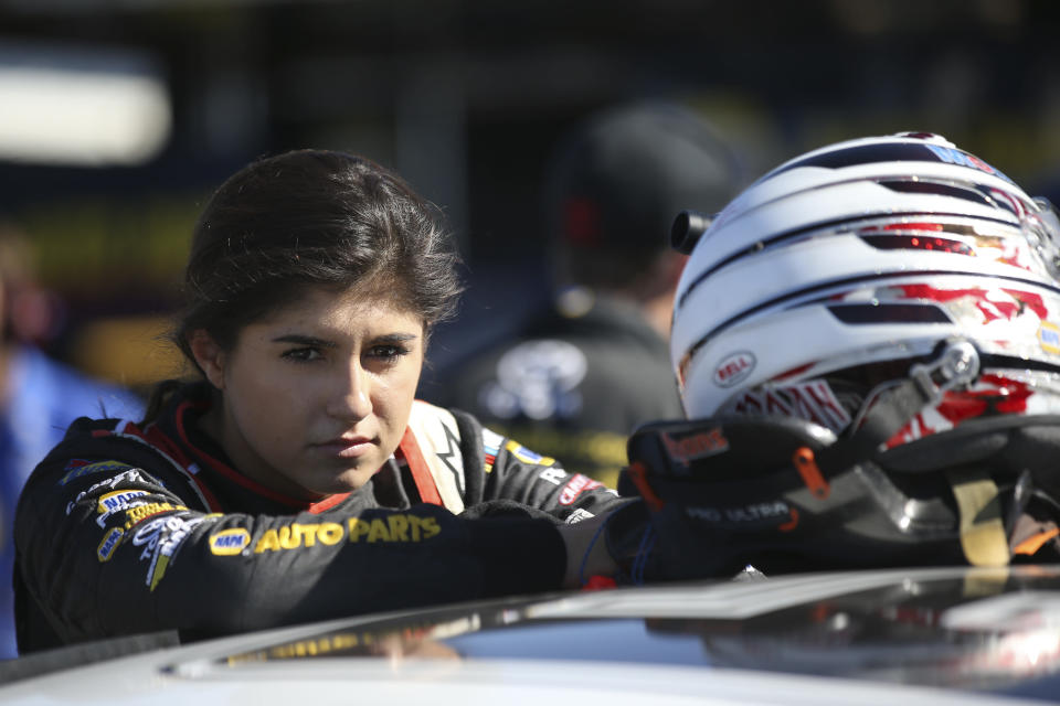 ROSEVILLE, CA - OCTOBER 13: Hailie Deegan, driver of the #19 Mobil 1/NAPA Power Premium Plus Toyota, during practice for the NASCAR K&N Pro Series West NAPA AutoCare/Roseville Toyota 200 at All American Speedway on October 13, 2018 in Roseville, California. (Photo by Austin Ginn/Getty Images)