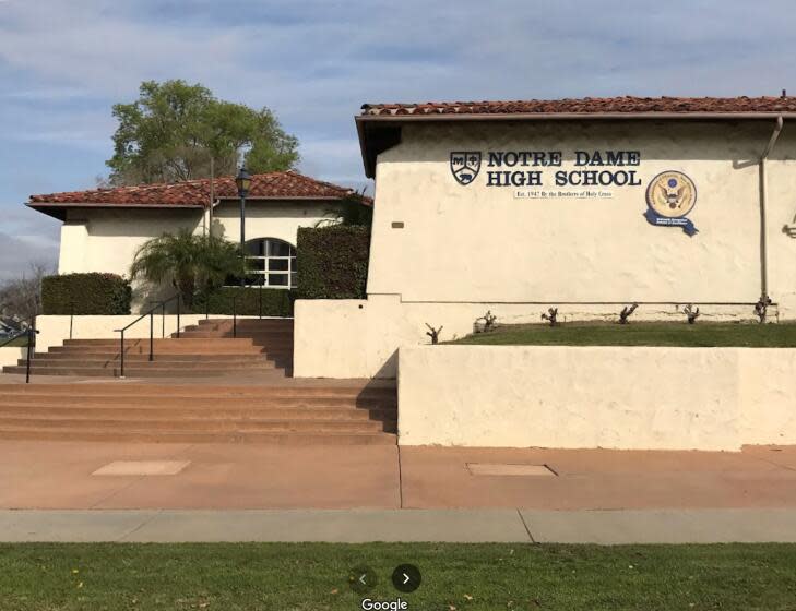 SHERMAN OAKS, CALIFORNIA-Los Angeles Police Department officers received calls threatening shootings at Notre Dame High School in Sherman Oaks around 11:10 a.m., and another call referencing Bishop Alemany High School in Mission Hills around 11:30 a.m., a spokesman told The Times. (GOOGLE MAPS)