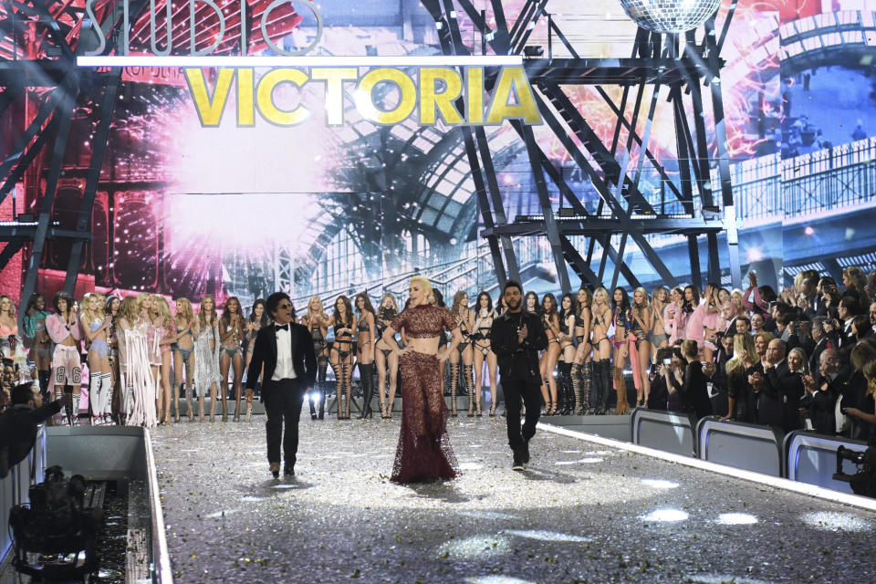 PARIS - NOVEMBER 30: 'For the first time, the Victoria's Secret Angels are filmed in Paris for THE VICTORIA'S SECRET FASHION SHOW, broadcast Monday, Dec. 5 (10:00-11:00 PM, ET/PT) on the CBS Television Network.  The world's most celebrated fashion show will be seen in more than 190 countries. Merging fashion, fantasy and entertainment, the lingerie runway show will include pink carpet interviews, model profiles, a behind-the-scenes look at the making of the show in the City of Lights and musical performances by Lady Gaga, Bruno Mars, and The Weeknd.' Pictured: Bruno Mars, Lady Gaga and The Weekend. (Photo by Michele Crowe/CBS via Getty Images) 