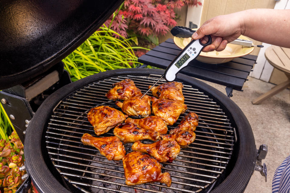 Meat Thermometers, DOQAUS Instant Read Food Thermometers for Cooking, Digital Kitchen Thermometer Probe with Backlight & Reversible Display, Cooking Temperature Thermometers for Turkey Grill BBQ Oven, High quality stock photo of an Asian-American woman preparing and barbecuing chicken for a summer time party at home in the backyard.