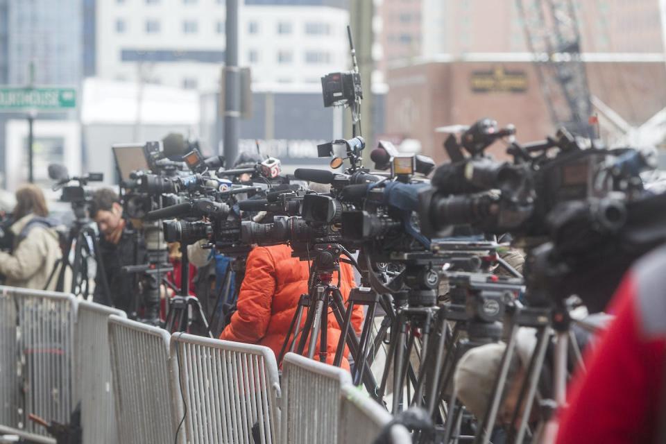 There was intense media focus on the crime and the subsequent trial; here, outside the courthouse on the first day of Dzhokhar Tsarnaev’s trial, May 4, 2015, in Boston. <a href="https://www.gettyimages.com/detail/news-photo/members-of-the-media-from-around-the-world-wait-outside-the-news-photo/465212542?adppopup=true" rel="nofollow noopener" target="_blank" data-ylk="slk:Scott Eisen/Getty Images;elm:context_link;itc:0;sec:content-canvas" class="link ">Scott Eisen/Getty Images</a>