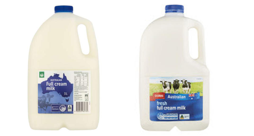 Woolworths and Coles home brand 3L milk cartons appear very similar to the untrained eye, but there are some subtle differences. Source: Supplied