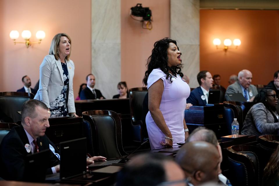 Democrat representatives chant “one person one vote” on the floor of the Ohio House inside the Ohio Statehouse during a debate on whether to create an August special election for a resolution that would increase the voter threshold to 60 percent for constitutional amendments. The gallery was cleared shortly after.