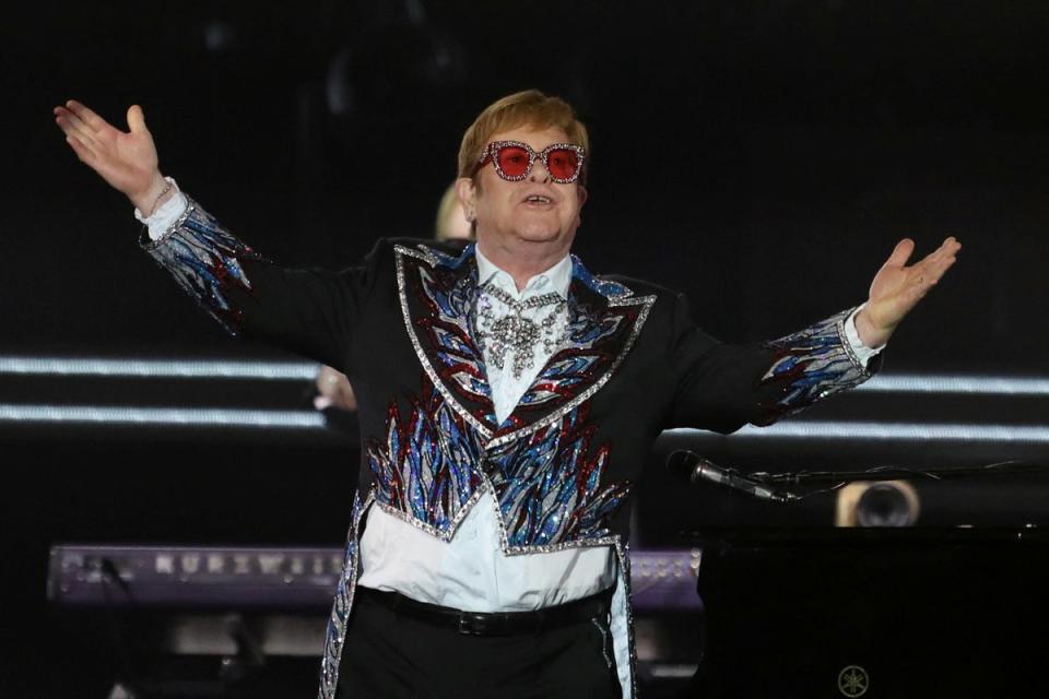 Elton John performs “Bennie and the Jets” as he wraps up the U.S. leg of his ‘Yellow Brick Road’ tour at Dodger Stadium in Los Angeles, California (REUTERS)