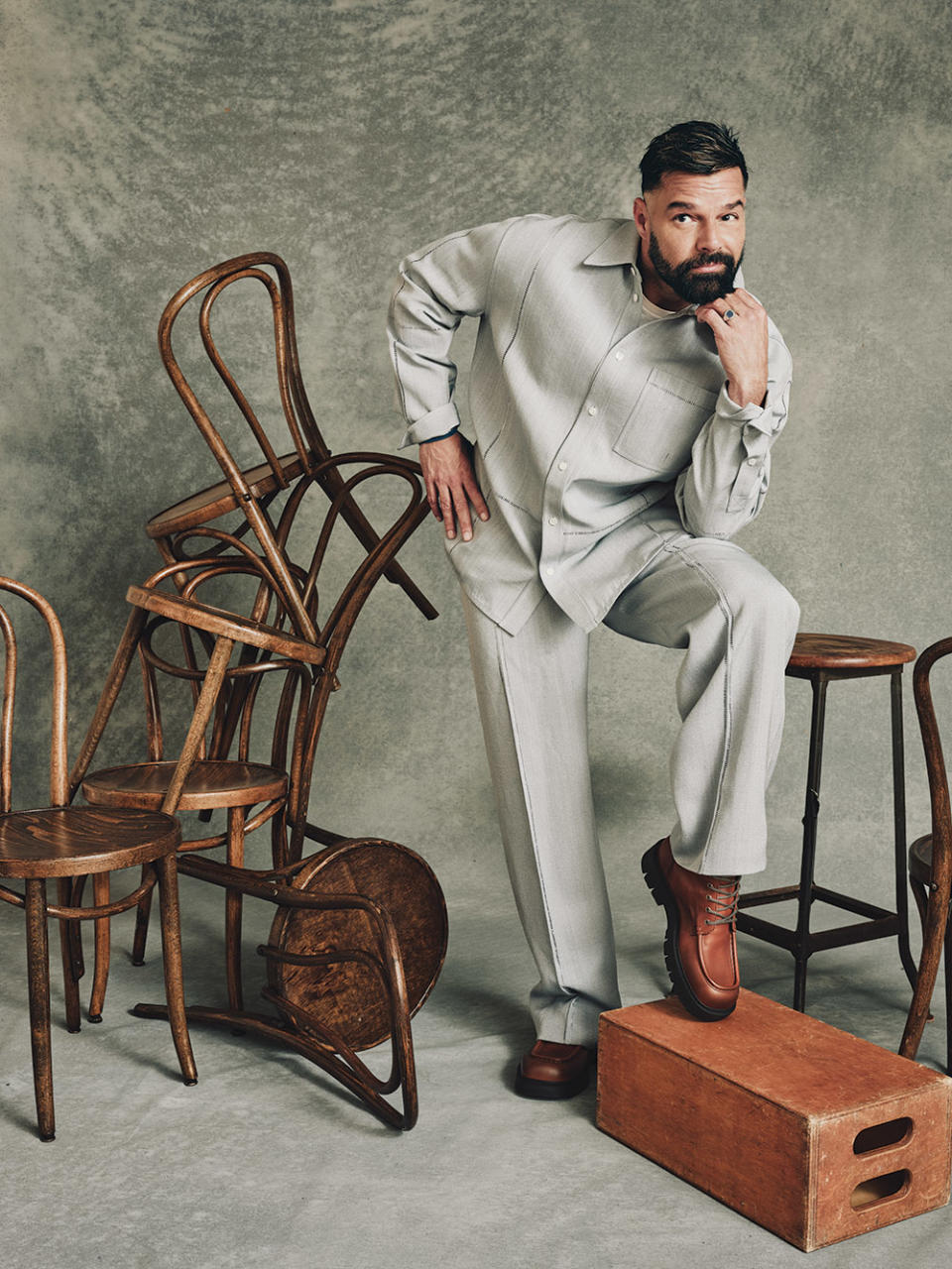 Ricky Martin Styled by Douglas VanLaningham. Bottega Veneta shirt, pants and boots; David Yurman jewelry. Grooming by Amber Amos.