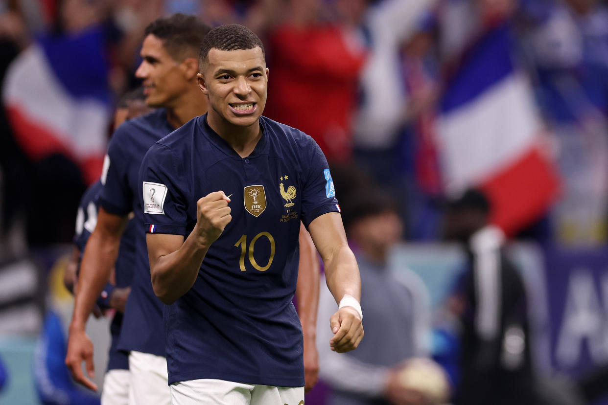 AL KHOR, QATAR - DECEMBER 14: Kylian Mbappe of France celebrates their sides second goal during the FIFA World Cup Qatar 2022 semi final match between France and Morocco at Al Bayt Stadium on December 14, 2022 in Al Khor, Qatar. (Photo by Maddie Meyer - FIFA/FIFA via Getty Images)