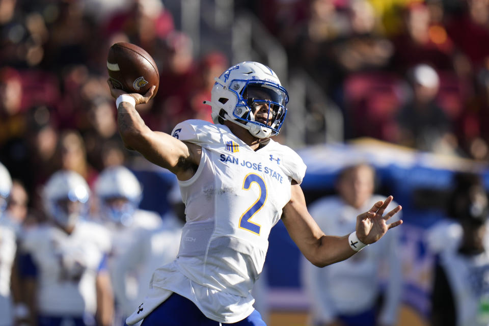 San Jose State quarterback Chevan Cordeiro throws a pass during the first half of the team's NCAA college football game against Southern California in Los Angeles, Saturday, Aug. 26, 2023. (AP Photo/Jae C. Hong)