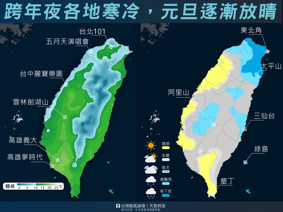 跨年、元旦天氣一圖秒懂。（圖／台灣颱風論壇｜天氣特急）