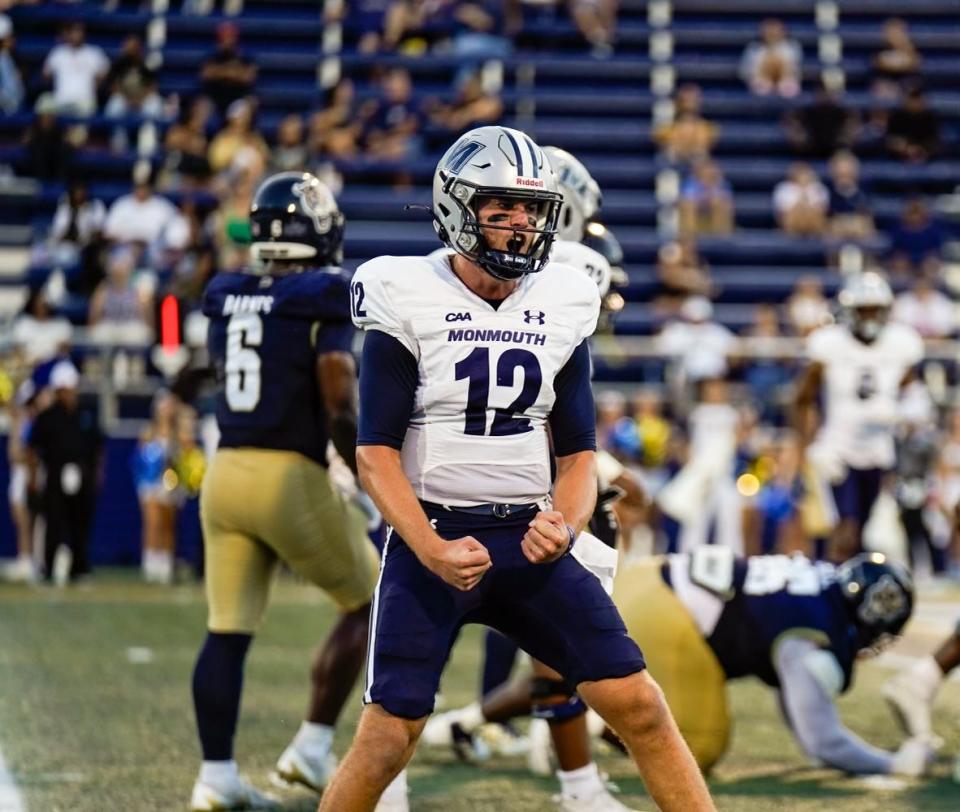 Monmouth quarterback Derek Robertson celebrates during their game at FIU in Miami on Sept. 21, 2024.