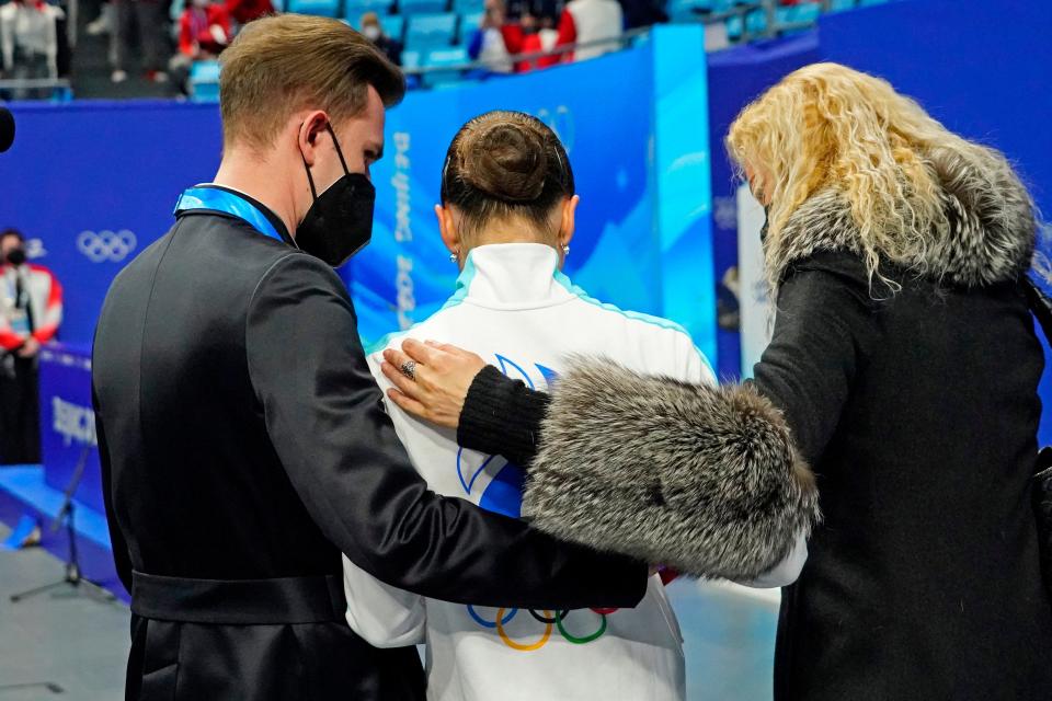 Kamila Valieva (ROC) reacts after her routine in the women’s figure skating free program during the Beijing 2022 Olympic Winter Games.